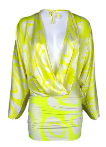 S/S 2001 Roberto Cavalli Runway Plunging Neon Yellow & White Mini Dress