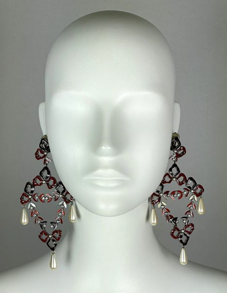 C. 2001 Christian Dior by John Galliano Extra Large Red Ribbon Bow Earrings w Pearl Drops