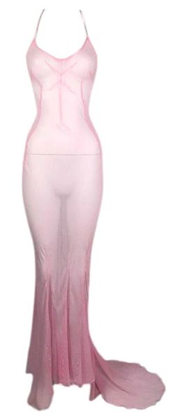 F/W 2000 Dolce & Gabbana Runway Sheer Pastel Pink Silk Halter Gown Dress w Train