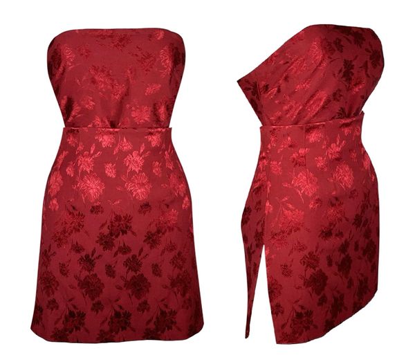 F/W 1997 Christian Dior by John Galliano Red Floral Strapless Bodysuit & Mini Skirt Set