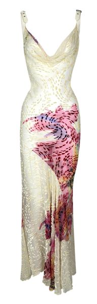 S/S 2001 Christian Dior by John Galliano Sheer Velvet Burnout Watercolor Maxi Dress