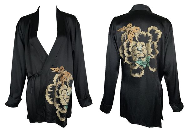 2003 Gucci by Tom Ford Black Silk Butterfly Embroidered Wrap Jacket Robe