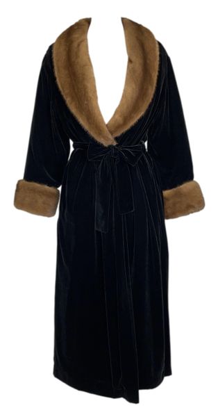 Vintage 1990's Valentino Black Velvet Puffer Coat Robe w Mink Fur Collar & Cuffs