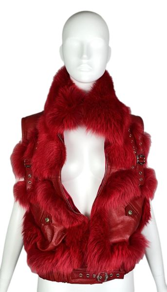 F/W 2003 Christian Dior by John Galliano Punk Red Leather & Fox Fur Vest Jacket