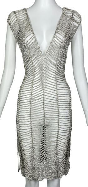 2000's Issey Miyake Sheer Silver Spiderweb Knit Plunging Dress