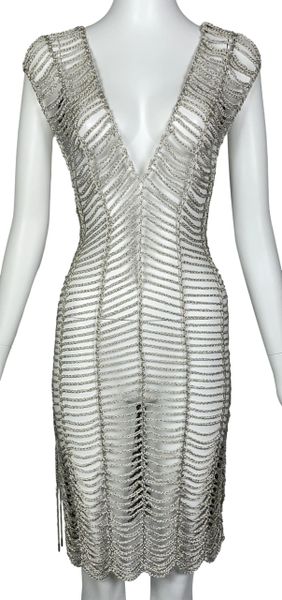 2000's Issey Miyake Sheer Silver Spiderweb Knit Plunging Dress
