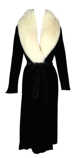 F/W 1998 Blumarine Runway Black Velvet Ivory Fox Fur Long Wrap Coat Dress