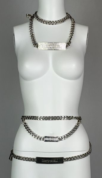 2000's Roberto Cavalli Silver Chunky Chains Logo Necklace & Belt w Lock & Key