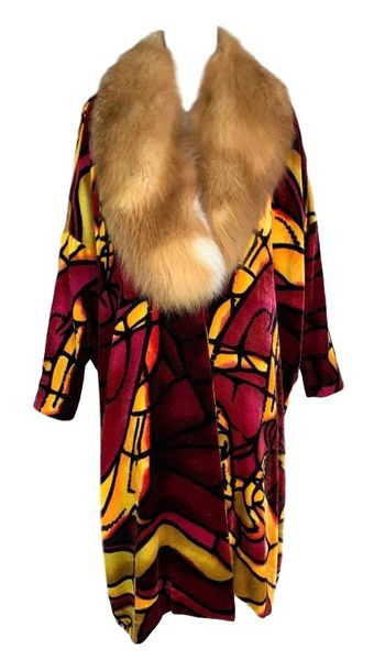 F/W 2000 Christian Dior by John Galliano Red Yellow Stained Glass Velvet & Fox Fur Coat