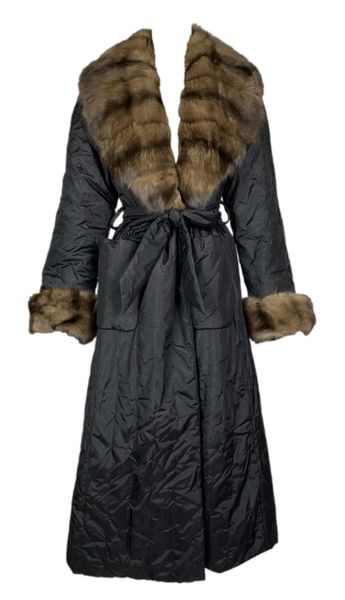 F/W 2000 Gianfranco Ferre Black Silk Quilted Long Puffer Coat w Sable Fur Trim