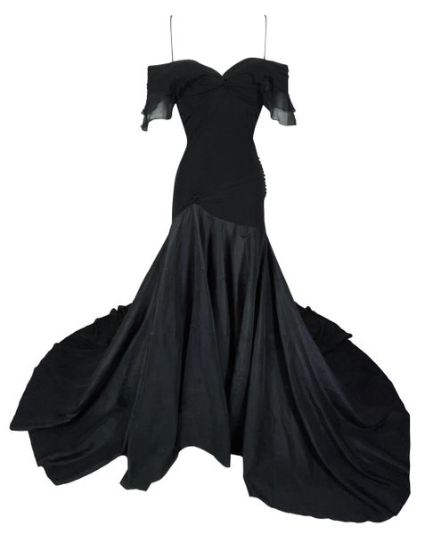 S/S 2003 Christian Dior by John Galliano Black Silk Off Shoulder Goth Princess Gown Dress w Train