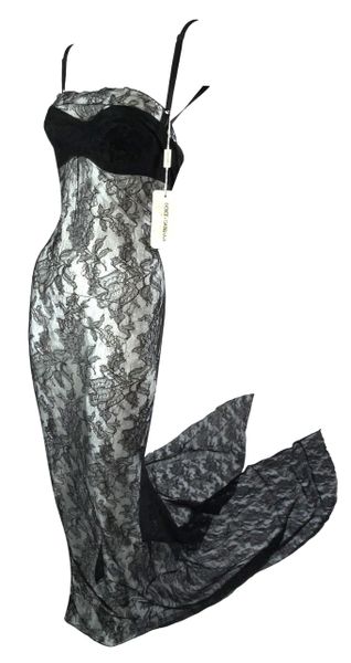 S/S 1999 Dolce & Gabbana Runway Sheer Black Lace Maxi Dress w Extra Long Train