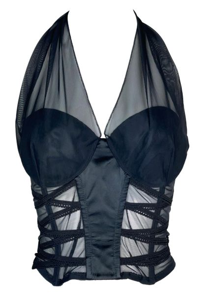 Vintage 1990's Gianfranco Ferre Sheer Black Bondage Bustier Halter Top