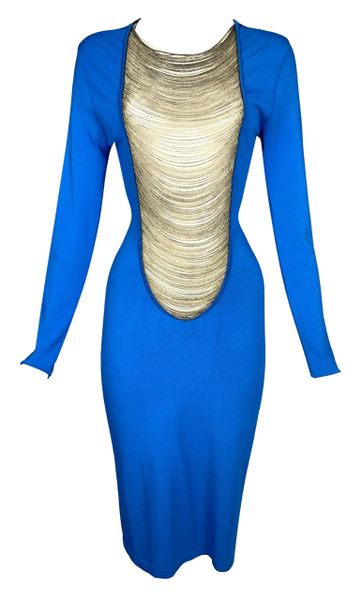 S/S 2006 Alexander McQueen Sheer Mesh Gold Chains Blue Bodycon Dress