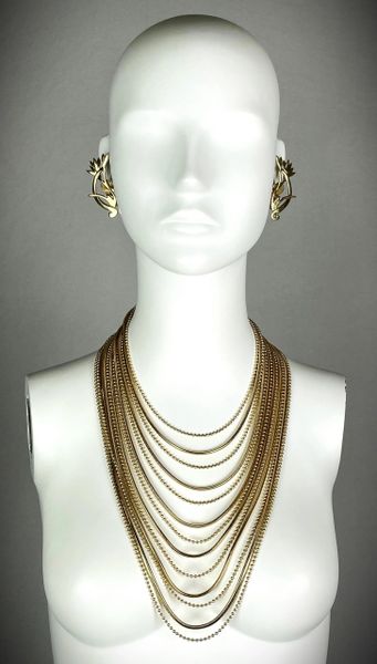 2000's Christian Dior by John Galliano Large Gold Chain Layered Necklace & Earrings Set