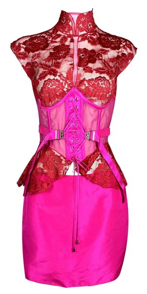 F/W 2003 Gianfranco Ferre Runway Sheer Red & Hot Pink Lace Corset Top & Mini Skirt Set