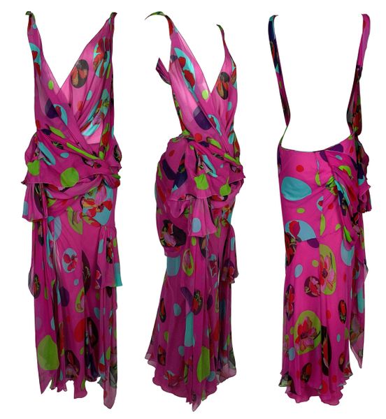 S/S 2004 Christian Dior by John Galliano Runway Sheer Hot Pink Silk Backless Maxi Dress