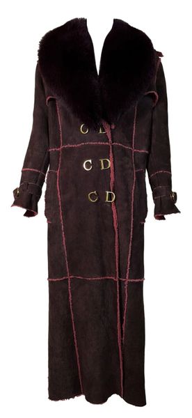 F/W 2000 Christian Dior by John Galliano Burgundy Suede Shearling & Fox Fur Gold Logo Buttons Coat