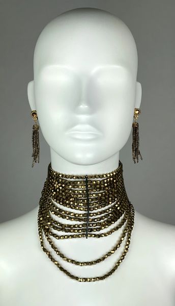 1990's Christian Dior by John Galliano Bronze Beaded Masai Choker Necklace & Earrings Set