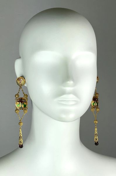 C. 1998 Christian Dior by John Galliano Haute Couture Long Gold Chinoiserie Art Deco 20's Style Earrings