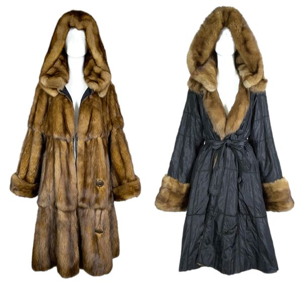 F/W 1995 Fendi by Karl Lagerfeld Sable Fur & Black Satin Reversible Hooded Coat