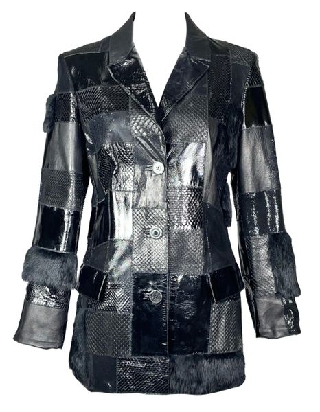 1999 Roberto Cavalli Black Leather Snakeskin & Mink Fur Patchwork Jacket