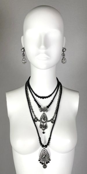1997 Christian Dior by John Galliano Black Beaded Large Crystal Drop Necklace & Earrings