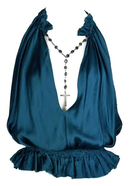 S/S 2003 Alexander McQueen Teal Silk Tattered Pirate Rosary Cross Necklace Plunging Top