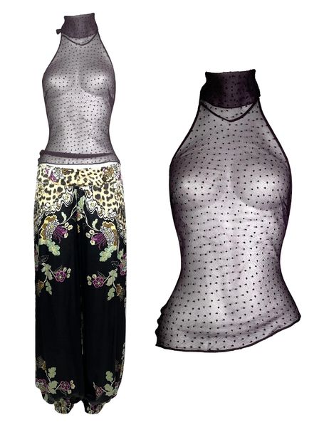 F/W 2000 Christian Dior by John Galliano Sheer Purple Polka Dot Backless Halter Crop Top