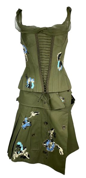 2003 John Galliano Army Green Embroidered Corset Top & Skirt Set