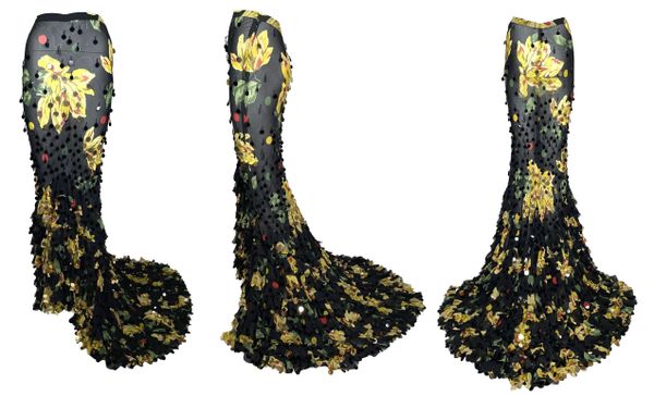F/W 2003 Christian Dior by John Galliano Haute Couture Runway Sheer Black Floral Embellished Mermaid Skirt w Train
