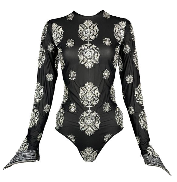 S/S 2002 Gianfranco Ferre Runway Sheer Black Silk Indian RAJ Crystal Beaded Bodysuit Top
