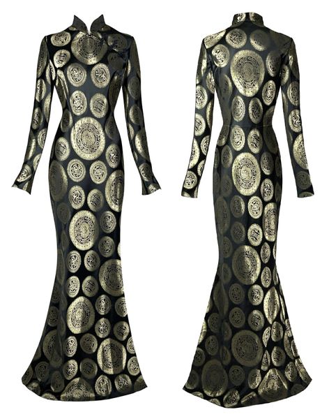 F/W 2002 John Galliano Cheongsam Chinoiserie Black & Gold Mermaid Gown Dress
