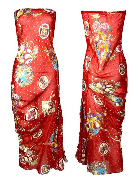 F/W 2003 Christian Dior by John Galliano Sheer Red Silk Gold Japanese Print Dress Skirt