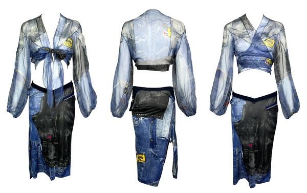 F/W 2001 Christian Dior by John Galliano Trompe L'oeil Sheer Blue Silk Denim Print Crop Top & Zipper Skirt