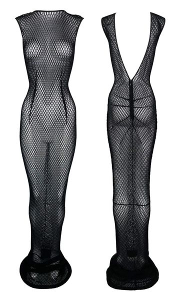 Vintage 1990's Dolce & Gabbana Sheer Black Fishnet Pin-Up Mermaid Bodycon Extra Long Dress