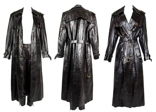 F/W 2000 Christian Dior by John Galliano Runway Brown Leather Faux Croc Trench Coat Jacket & Pants Suit Set