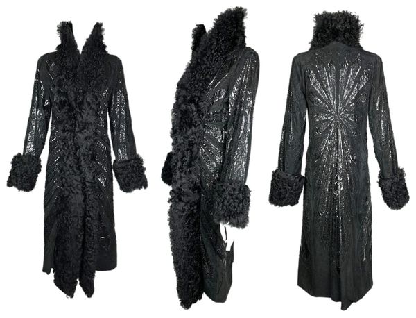 F/W 2001 Dolce & Gabbana Runway Black Leather Shearling Fur Embellished Long Coat
