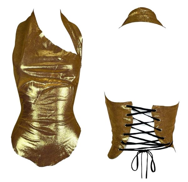 2003 Dolce & Gabbana Gold Leather Bodycon Corset Top