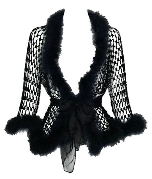 Vintage 1990's Jean Paul Gaultier Sheer Black Knit Feather Trim Cardigan Sweater