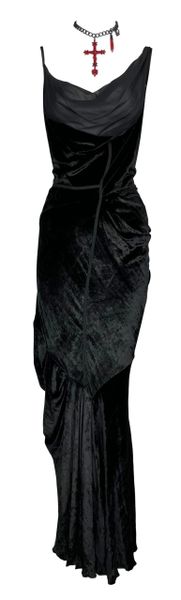 F/W 2006 Christian Dior by John Galliano Runway Black Silk Velvet Goth Maxi Dress w Rare Large Cross Choker Necklace