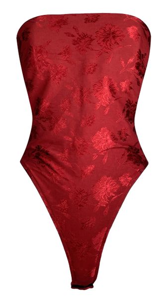 F/W 1997 Christian Dior by John Galliano Red Floral Brocade Strapless Bustier Bodysuit Top