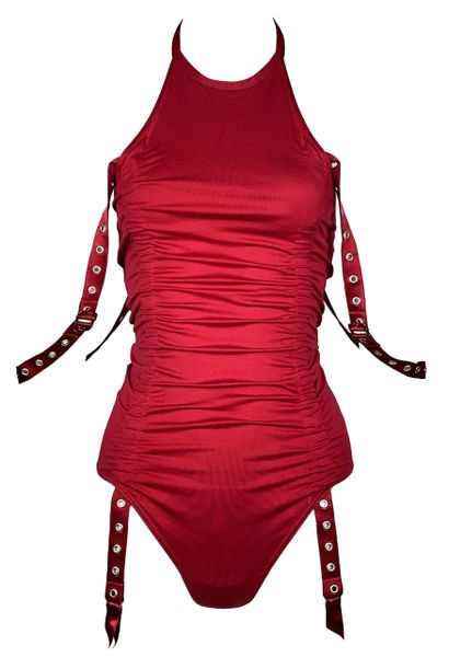 S/S 2003 Christian Dior by John Galliano Hardcore Red Bondage Buckle Straps Bodysuit Top