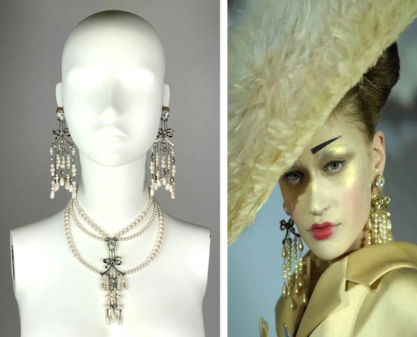 S/S 2007 Christian Dior by John Galliano Haute Couture Runway Large Gold Pearl Bow Chandelier Earrings & Necklace Set