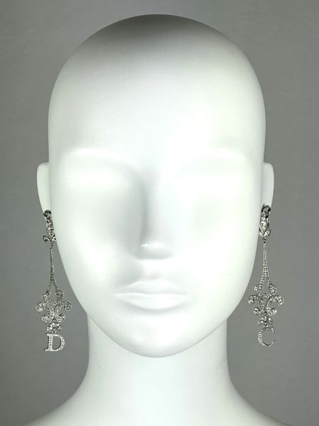 C. 2001 Christian Dior by John Galliano Long Silver Crystal Logo Chandelier Earrings