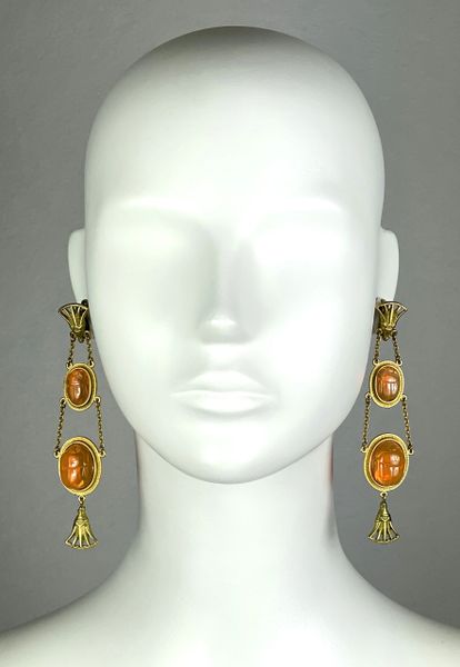 F/W 2001 Christian Dior by John Galliano Long Gold & Orange Egyptian Scarab Earrings