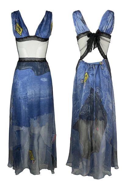 F/W 2001 Christian Dior by John Galliano Trompe l'oeil Sheer Logo Black Mesh Denim Cut-Out Maxi Dress