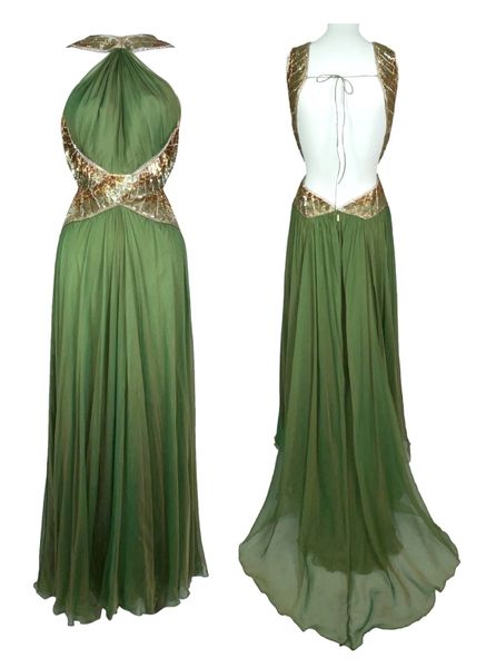 F/W 2007 Roberto Cavalli Runway Green & Gold Embellished Backless 1940's Old Hollywood Vixen Gown Dress