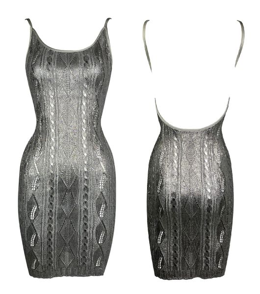 Vintage 1998 Christian Dior by John Galliano Patent Silver Knit Plunging Back Bodycon Mini Dress