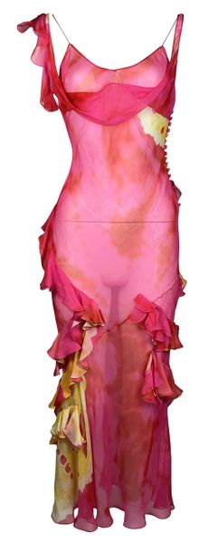 F/W 2003 Christian Dior by John Galliano Sheer Hot Pink & Yellow Silk Ruffle Maxi Dress